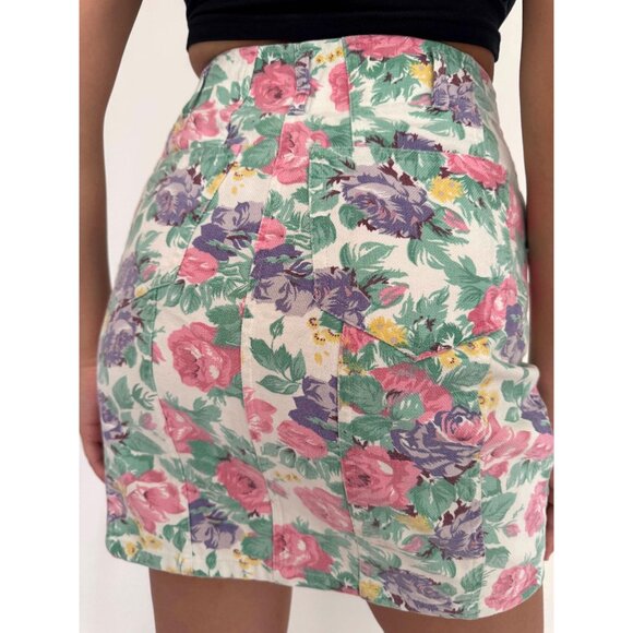 90s vintage pastel floral print high waist rise button up denim jean mini skirt - Picture 7 of 9